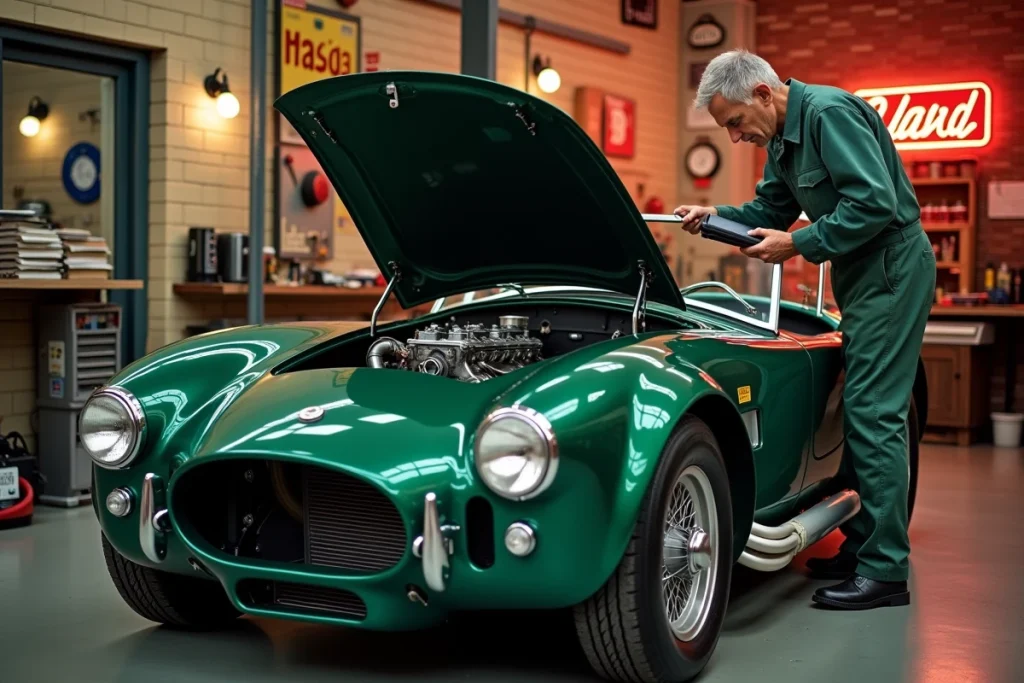 Mécanicien inspectant le moteur V8 d'une Cobra AC dans un atelier de restauration de voitures classiques