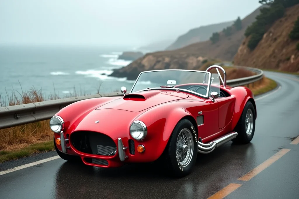 Cobra Shelby rouge avec dossier historique posée sur une route côtière, illustrant l'importance de la documentation pour sa valeur
