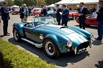 Cobra Shelby des années 1960 exposée lors d'une vente aux enchères de voitures de collection avec des collectionneurs évaluant sa valeur