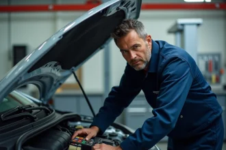 Mécanicien ouvrant le boîtier de fusibles et relais sous le capot d'une Renault Mégane 3 dans un atelier professionnel
