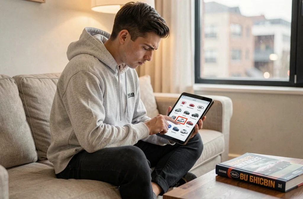 Jeune homme utilisant une application de quiz sur tablette pour apprendre les logos de voitures
