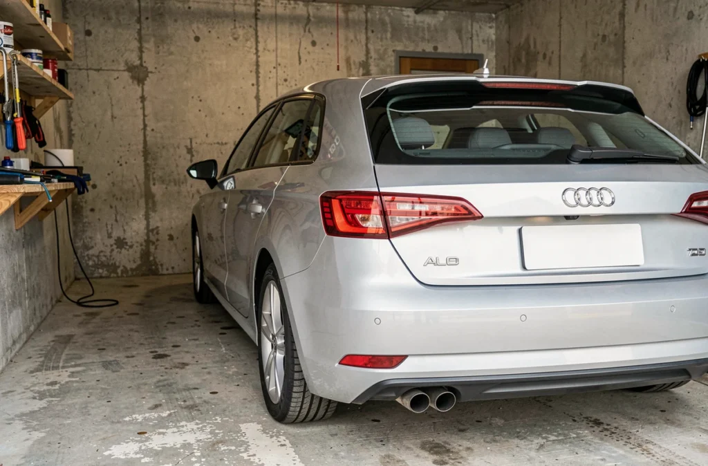 Audi A3 Sportback en train de se garer dans un garage résidentiel, vue depuis l'intérieur montrant l'espace disponible