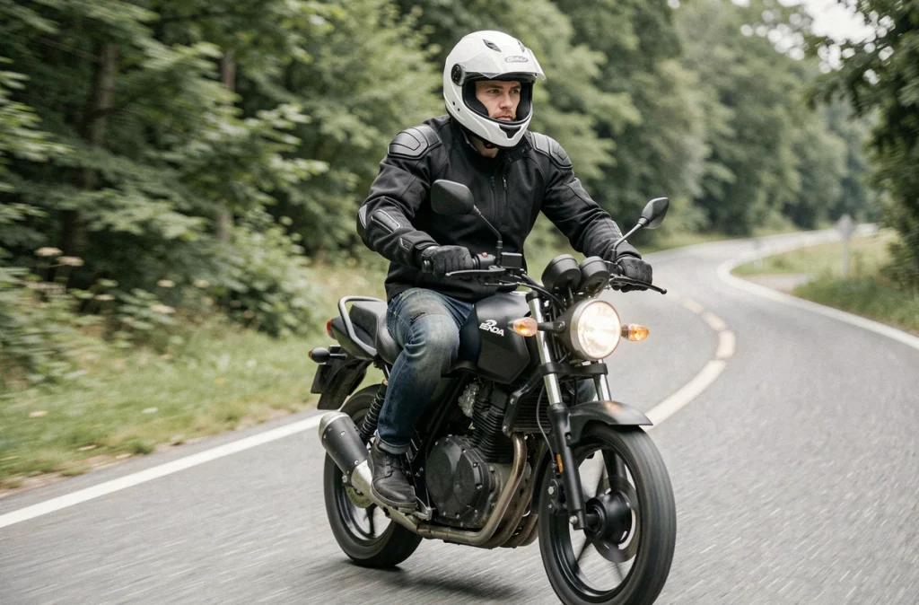 Pilote en veste textile noire chevauchant une Benda 125 sur une route sinueuse de campagne, flou de mouvement traduisant la vitesse réelle en reprise