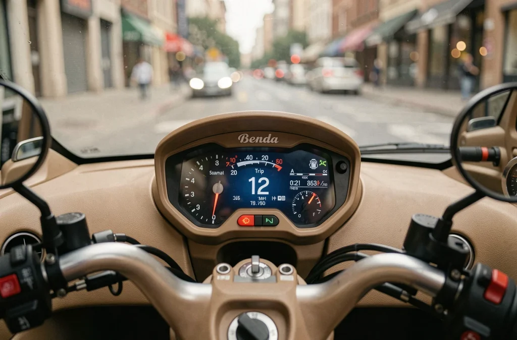 Tableau de bord numérique de la Benda 125 affichant vitesse et consommation, vue rapprochée du cockpit avec fond urbain flou à travers le pare-brise