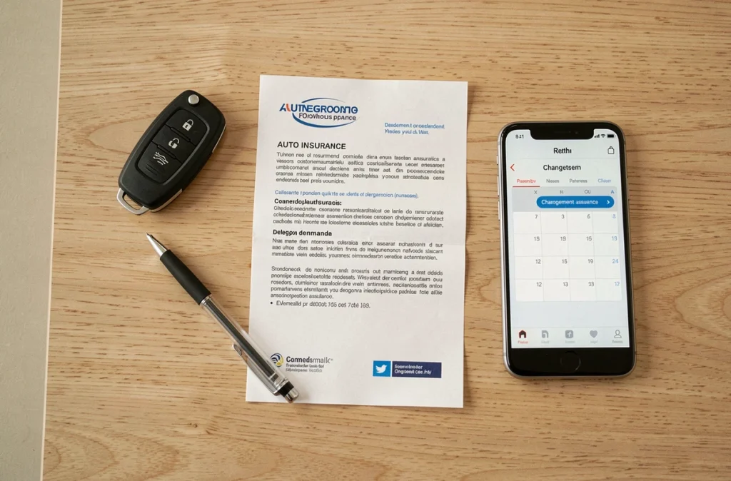 Clé de voiture, contrat d'assurance auto et rappel de calendrier sur une table pour changer d'assurance dans l'année