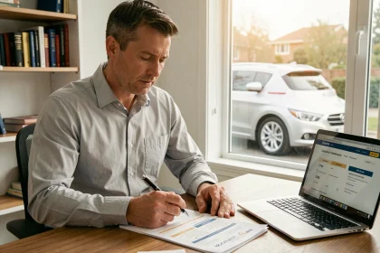 Homme comparant des offres d'assurance auto après l'achat d'un véhicule neuf