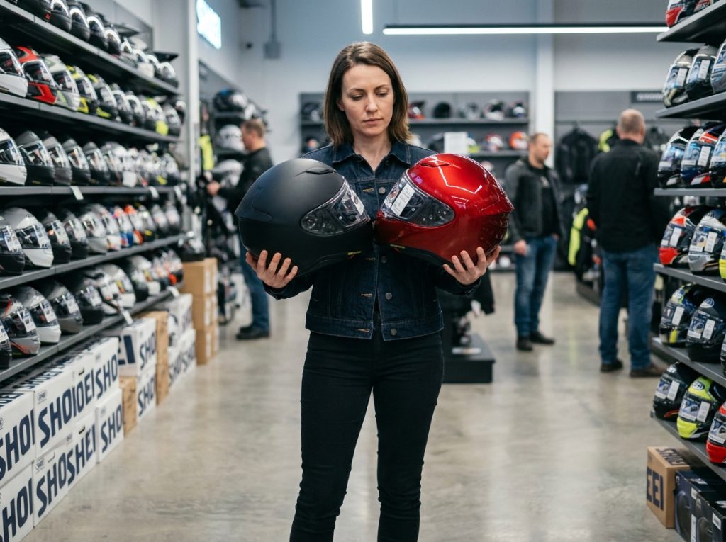 Femme comparant deux casques moto intégraux dans une boutique spécialisée en équipements motard