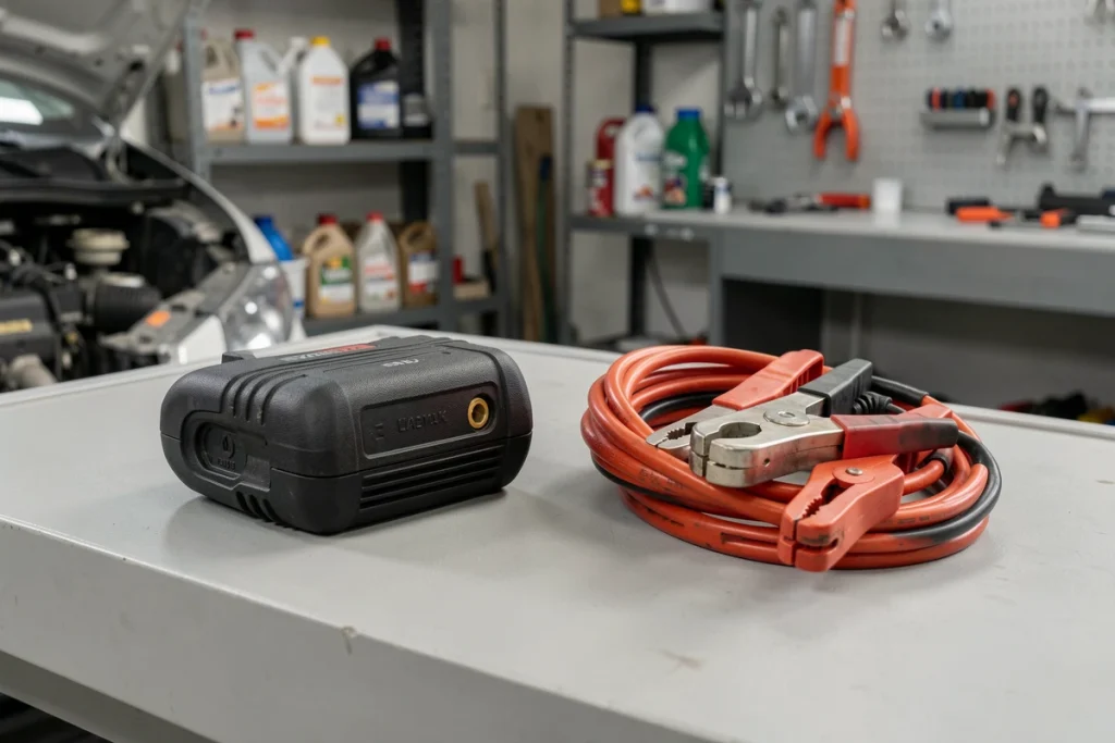 Comparaison entre un booster portable et des pinces de démarrage classiques posés sur un établi de garage