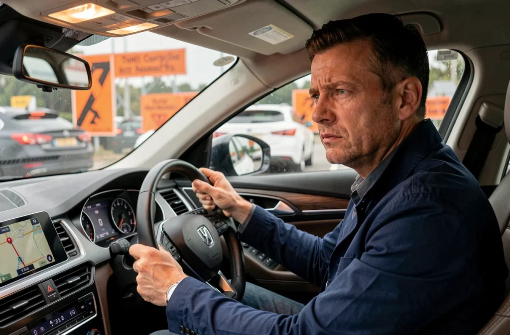 Conducteur frustré dans sa voiture bloqué dans un bouchon près d'un chantier routier