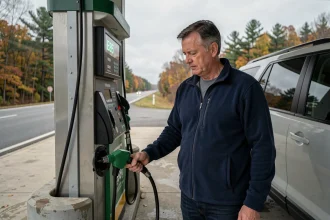 Conducteur faisant le plein en E85 à une station-service sur un long trajet routier en 2026