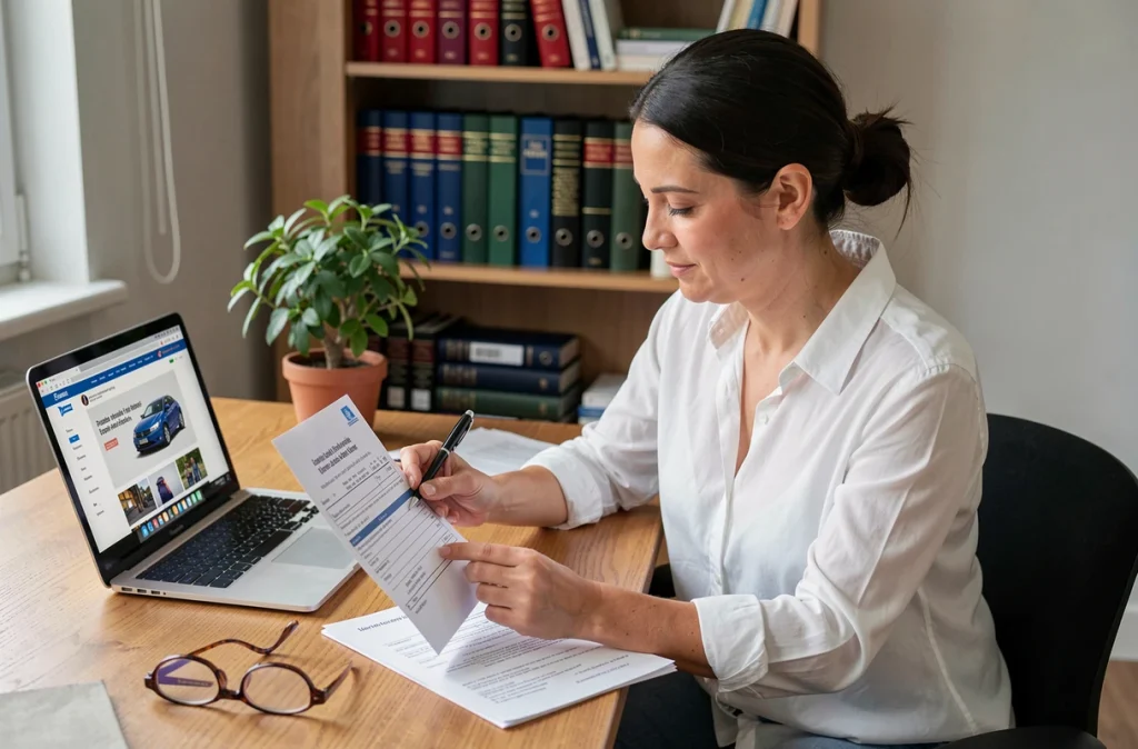 Femme consultant un avis de contravention radar chantier à son bureau avec documents administratifs