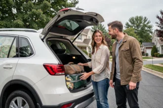 Couple chargeant un SUV moderne pour un road trip en 2026, vue grand angle sur une allée résidentielle au matin