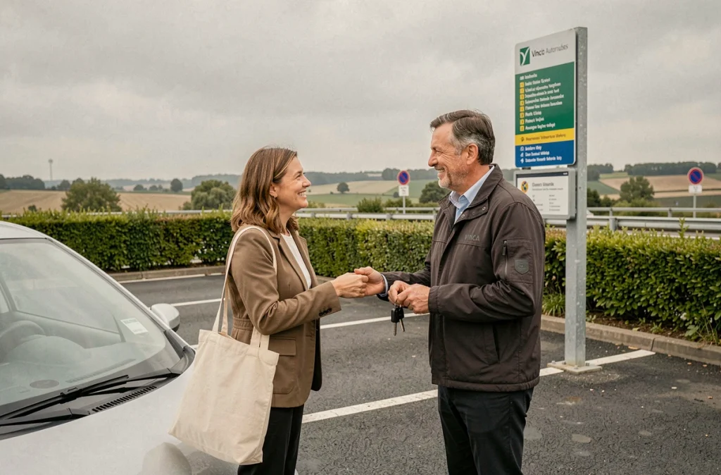 Deux covoitureurs se retrouvant au parking Vinci Autoroutes de La Chapelle-Saint-Mesmin