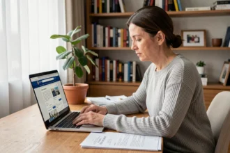 Femme consultant un site de démarches administratives en ligne pour son permis de conduire, assise à son bureau à domicile