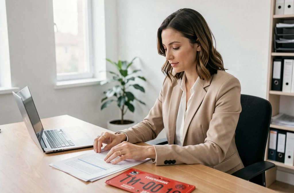 Femme consultant des documents de démarches administratives pour une plaque d'immatriculation rouge dans un bureau