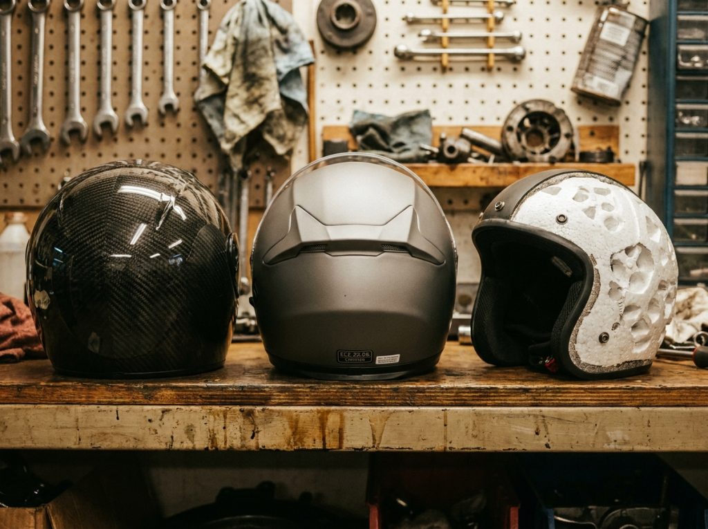 Détail de trois casques moto sur une étagère d'atelier montrant la fibre de carbone, la certification ECE et la mousse EPS en coupe