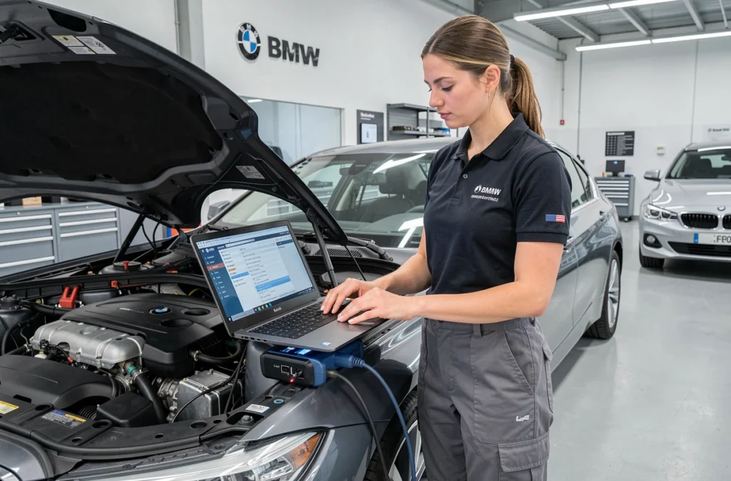 Technicienne automobile effectuant un diagnostic électronique du moteur BMW M47 avec scanner OBD2 en concession