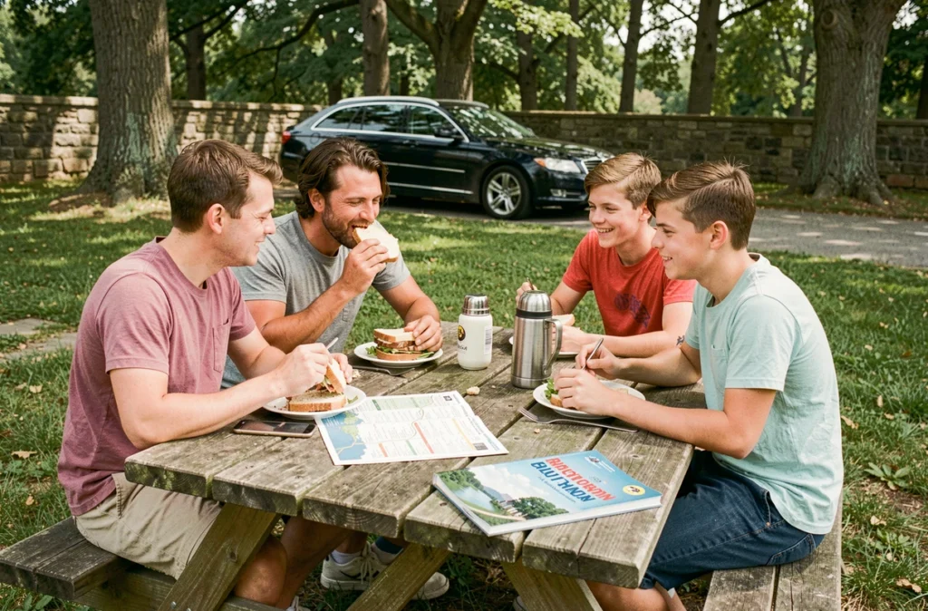 Famille en pause déjeuner à une aire de repos lors d'un road trip estival, consultant un itinéraire de voyage imprimé