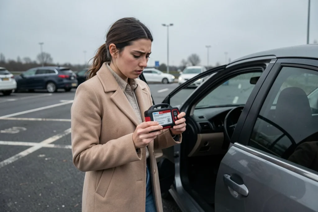Jeune femme utilisant un booster portable pour redémarrer sa voiture seule sur une aire d'autoroute