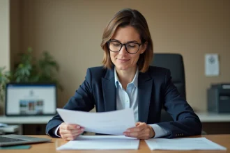 Femme professionnelle consultant un document officiel de cession de vente imprimé à son bureau