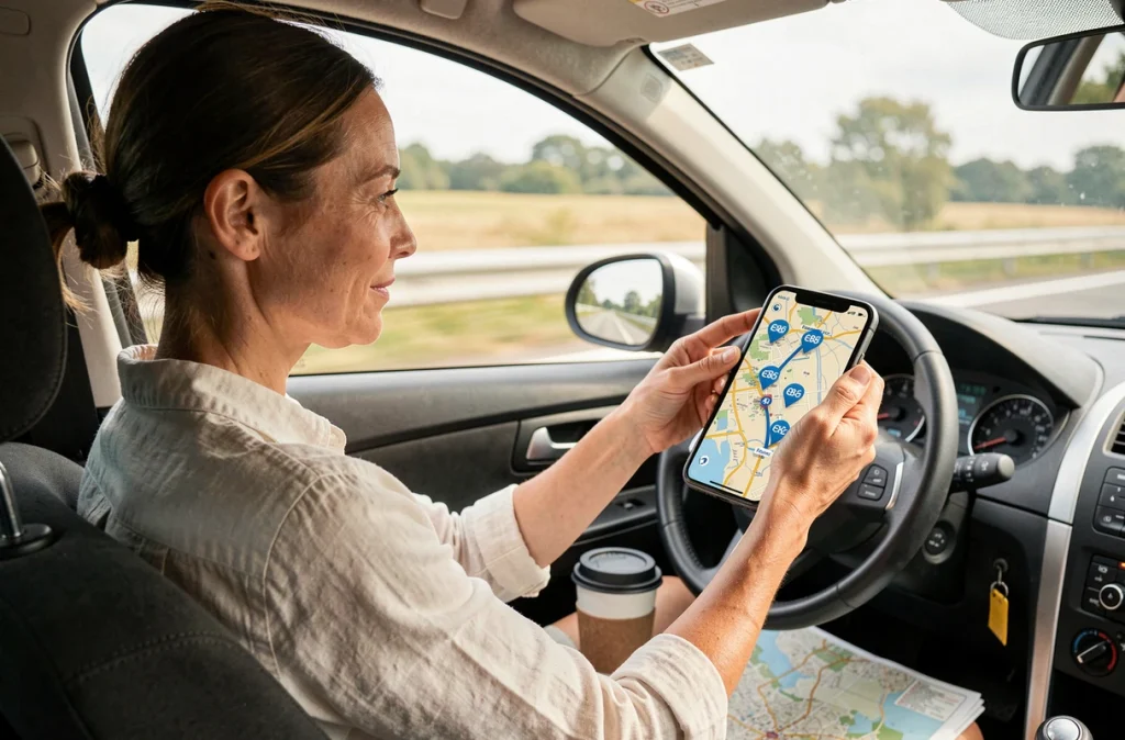 Femme planifiant son itinéraire avec des stations E85 sur smartphone pendant un long trajet autoroutier
