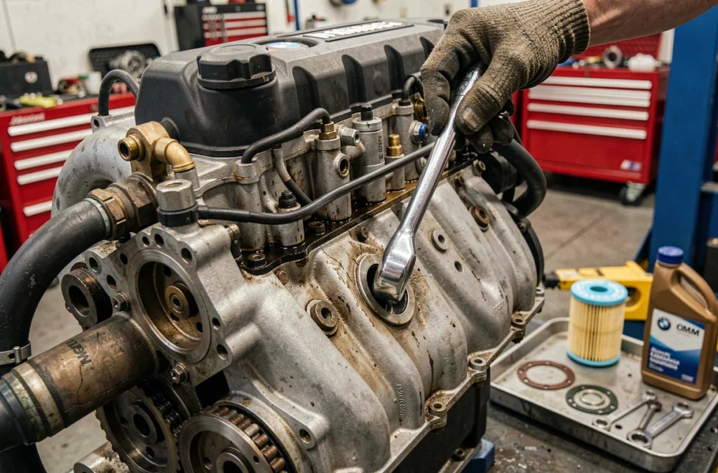 Gros plan sur les composants du moteur diesel BMW M47 lors d'une vidange et d'un remplacement de filtre à huile