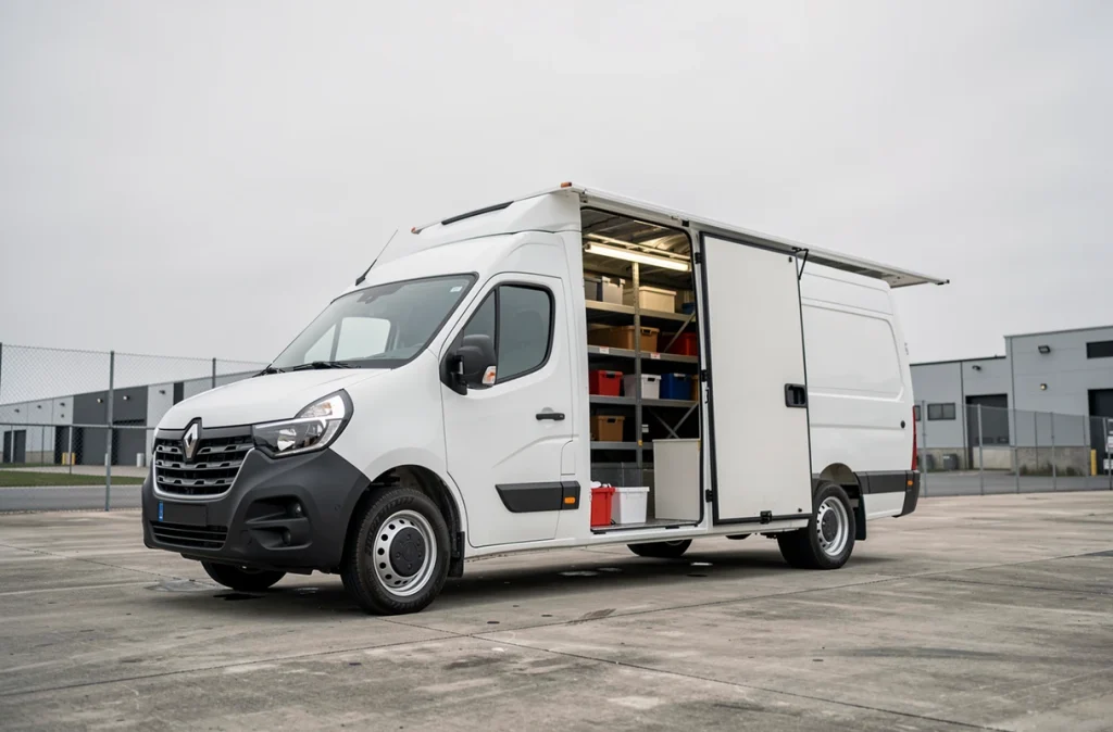 Fourgon Renault Master L2H2 blanc garé dans un dépôt urbain montrant la hauteur extérieure imposante du toit surélevé