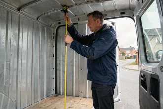 Professionnel mesurant la hauteur intérieure d'un Master L2H2 avec un mètre ruban à l'intérieur du fourgon