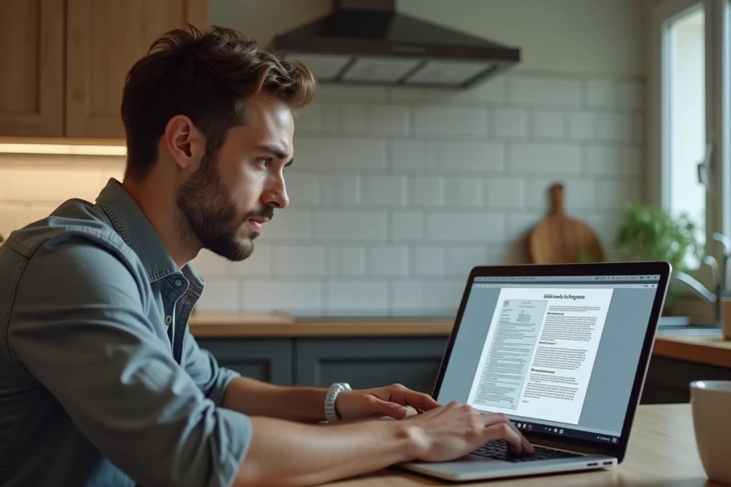 Homme téléchargeant un formulaire PDF officiel de cession de vente sur un ordinateur portable à domicile