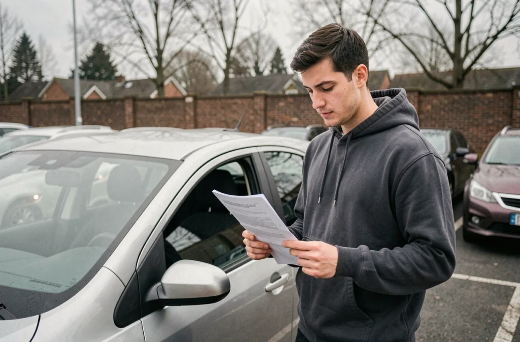 Jeune homme consultant un document PDF de vérifications permis 2026 devant une voiture garée