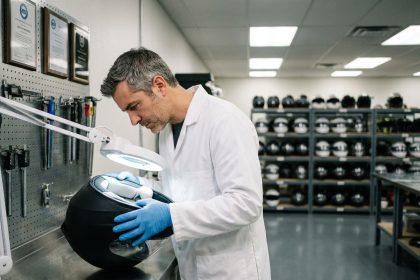 Ingénieur spécialisé inspectant l'intérieur d'un casque moto intégral noir mat dans un laboratoire de certification professionnel