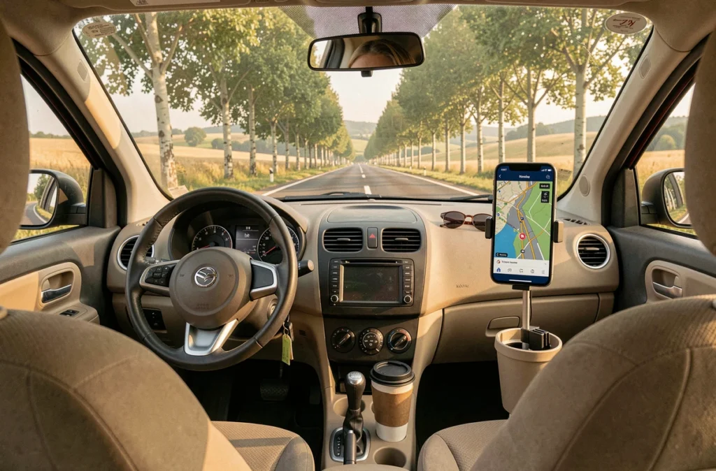 Intérieur de voiture avec GPS affichant une route européenne et paysage de campagne française visible par le pare-brise