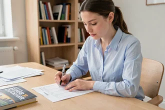 Jeune femme révisant une check-list imprimable pour le permis de conduire 2026 à son bureau