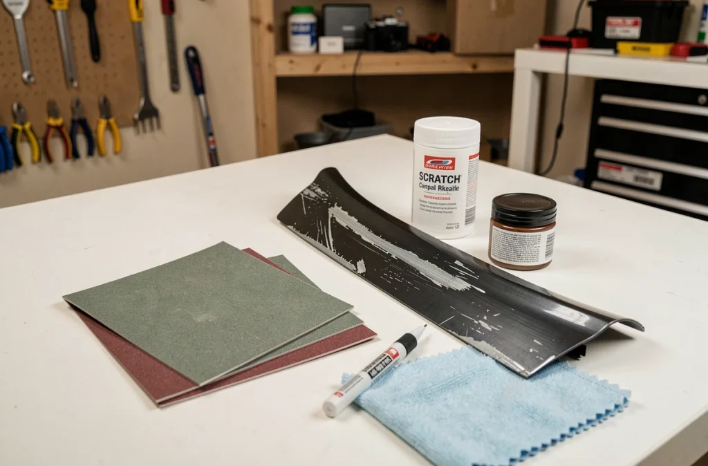 Kit de réparation de rayure posé à côté d'un élément de carrosserie plastique rayé en vue de restauration