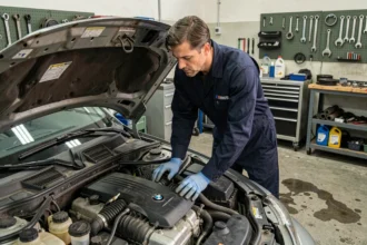 Mécanicien professionnel inspectant le moteur M47 BMW lors d'un entretien préventif en atelier