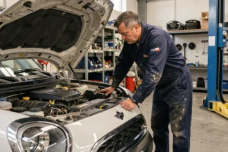 Mécanicien professionnel inspectant le moteur d'une Mini Countryman dans un garage automobile pour diagnostiquer une perte de puissance