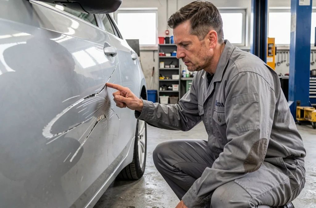 Mécanicien inspectant une rayure profonde sur une portière de voiture en atelier de réparation automobile