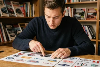 Homme étudiant les logos de marques automobiles sur des fiches imprimées posées sur un bureau en bois