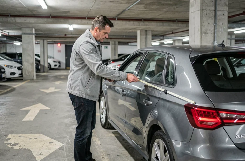 Homme mesurant la longueur d'une Audi A3 Sportback dans un parking souterrain avec un mètre ruban