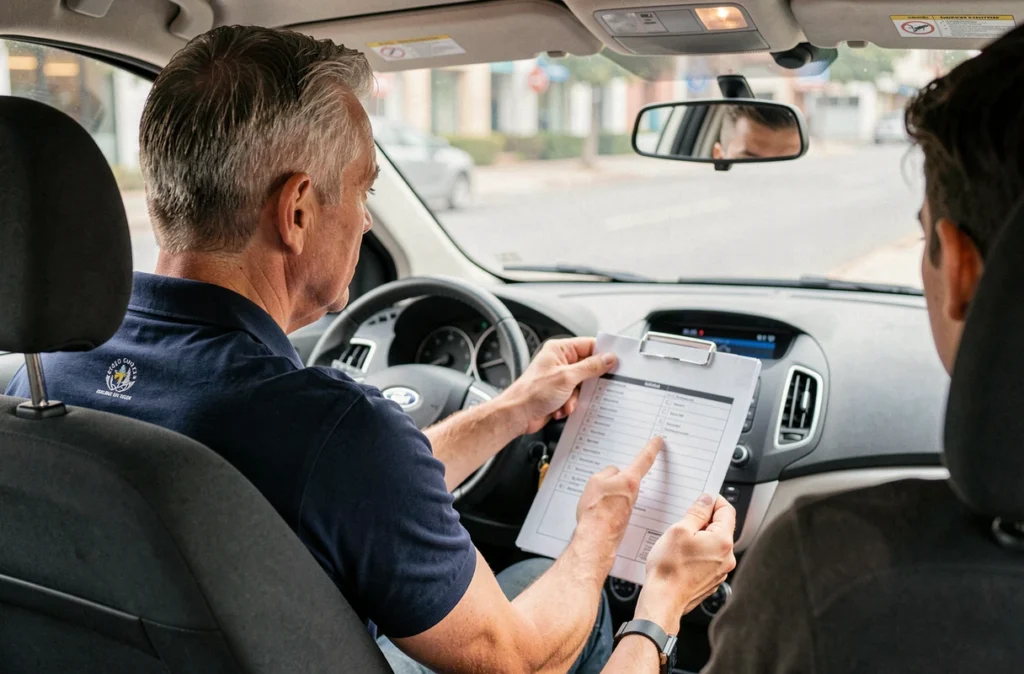 Moniteur d'auto-école et élève conducteur vérifiant une check-list imprimable permis 2026 dans la voiture