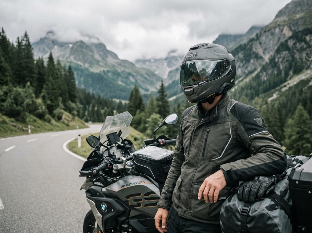 Motard portant un casque Shoei GT Air 2 gris anthracite en bord de route de montagne, vue trois quarts montrant le casque en situation réelle de voyage à moto