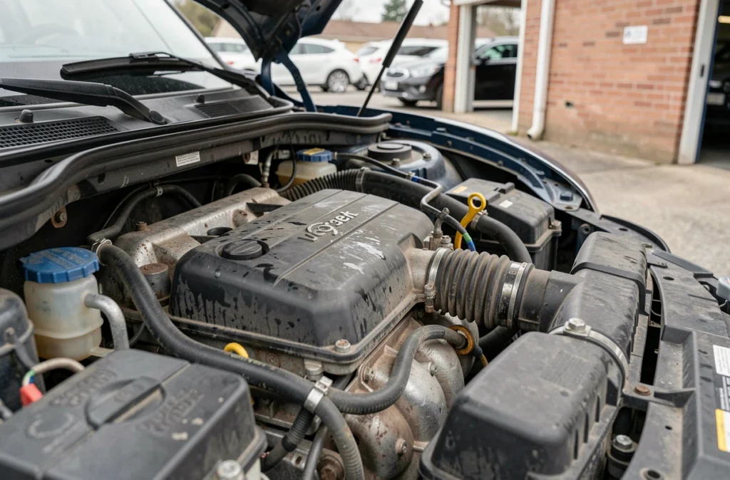 Moteur turbo d'une Mini Countryman avec signes d'usure et traces d'huile, causes fréquentes de perte de puissance