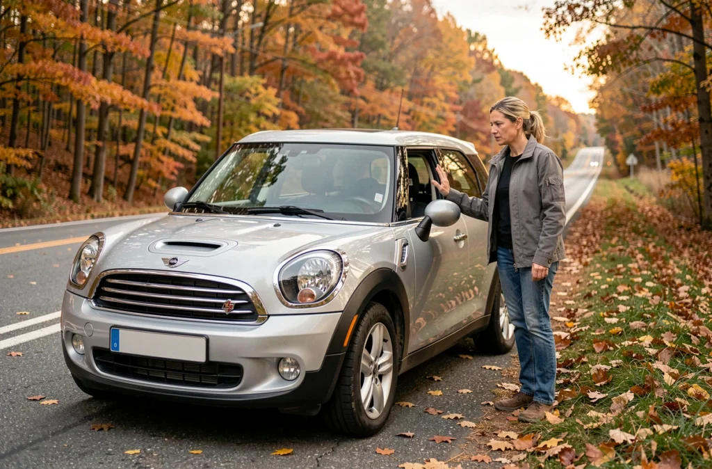 Conductrice inquiète inspectant sa Mini Countryman en panne sur le bord de la route suite à un problème moteur