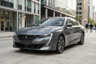 Nouvelle Peugeot 2026 garée en ville, vue avant trois-quarts mettant en valeur le design extérieur et les feux LED