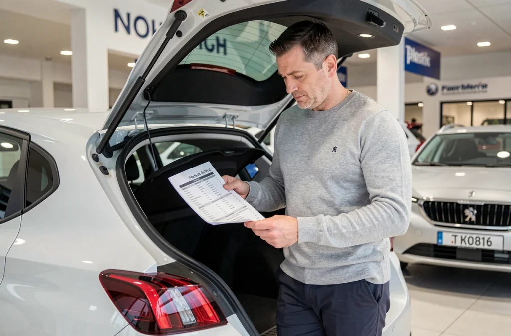 Journaliste automobile examinant les équipements et options de la Peugeot 2026 dans un showroom de concession
