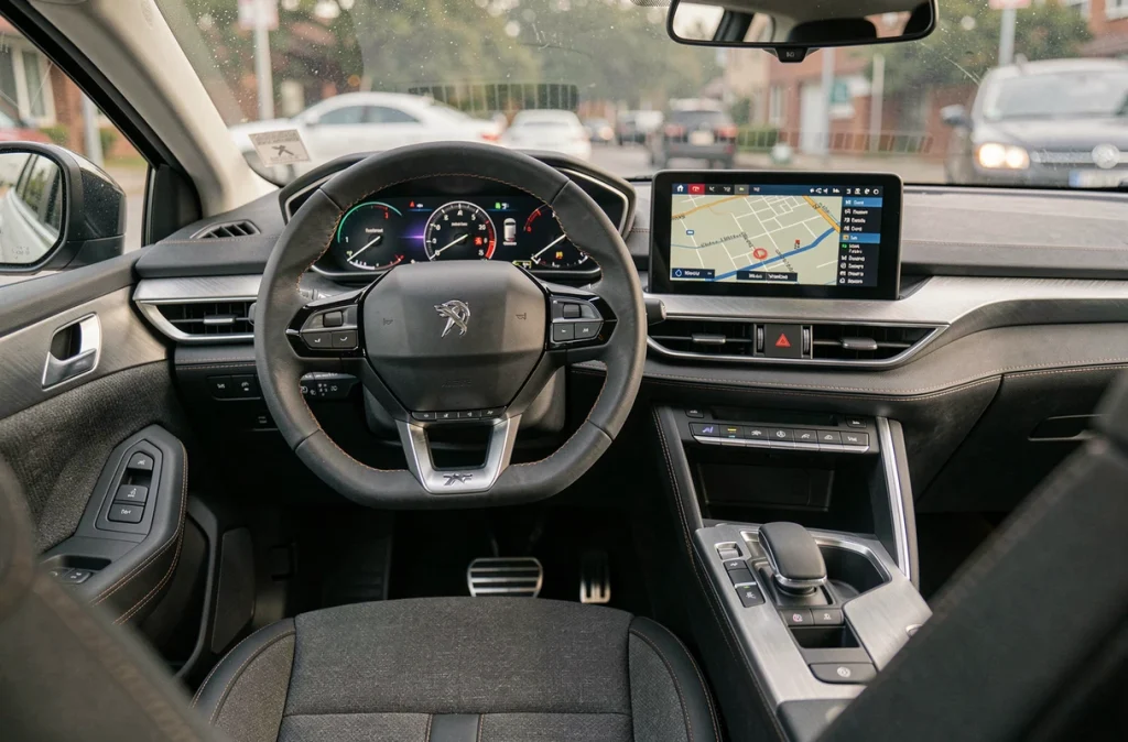 Intérieur de la Peugeot 2026 avec tableau de bord numérique, écran tactile et sellerie anthracite avec surpiqûres contrastées