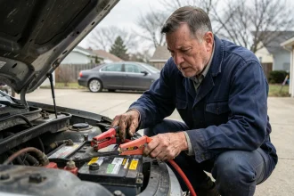 Homme utilisant des pinces pour batterie de voiture pour démarrer un véhicule en panne dans une allée résidentielle