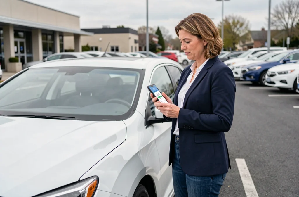 Femme consultant une application d'assurance auto près de sa nouvelle voiture chez un concessionnaire