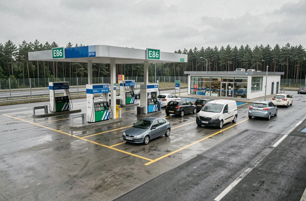 Vue large d'une station-service autoroutière avec pompes E85 et véhicules en attente sur l'autoroute
