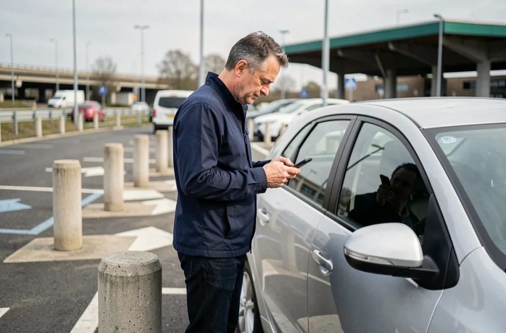 Usager consultant son smartphone dans le parking de covoiturage Vinci Autoroutes près d'Orléans